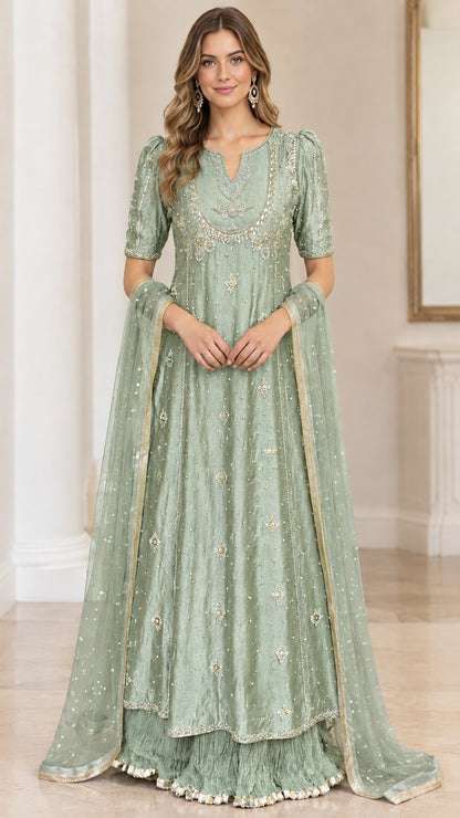 Sage green embellished evening gown with matching bordered dupatta scarf