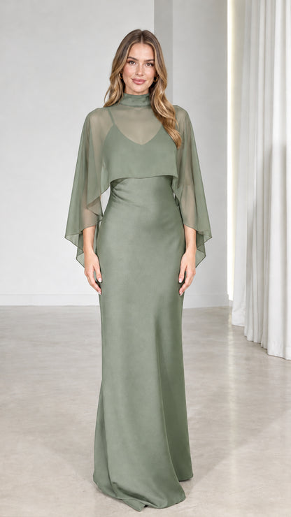 Front view of model wearing Sage Green sheer capelet formal maxi dress