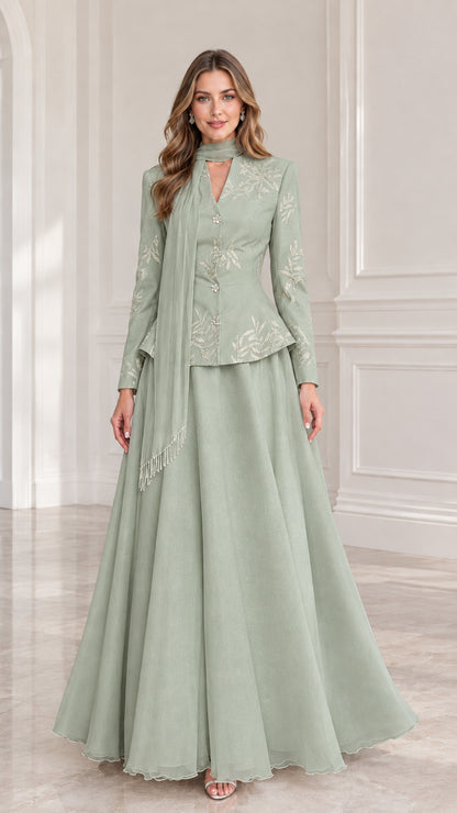 Front full-length view of Sage Green embroidered peplum evening set