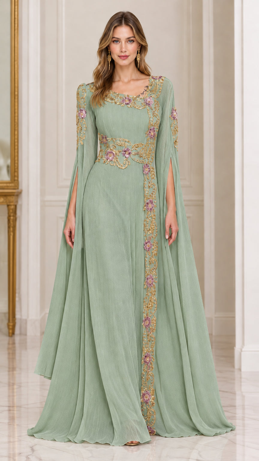 Front view of sage green floral embroidered cape sleeve maxi dress