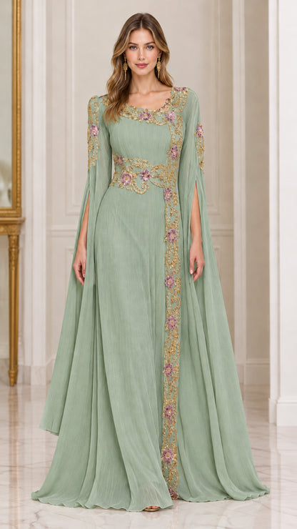 Front view of sage green floral embroidered cape sleeve maxi dress