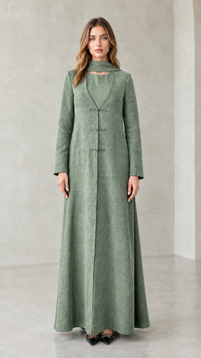 Front view of model wearing Sage Green textured long sleeve maxi coat dress