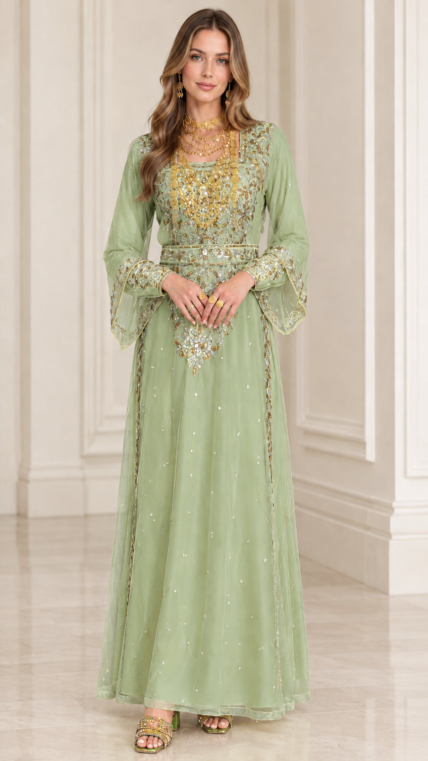 Sage green gold-embroidered evening kaftan gown with sheer overlay