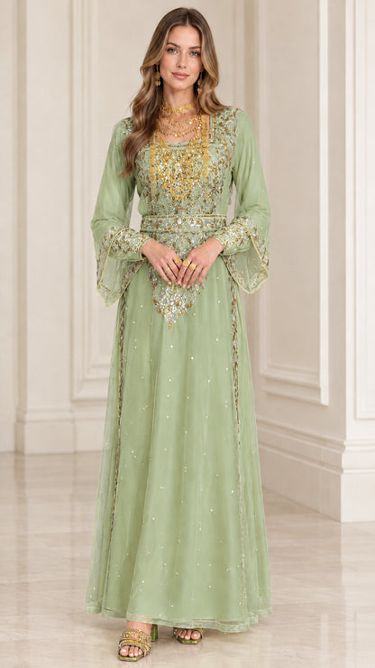 Sage green gold-embroidered evening kaftan gown with sheer overlay
