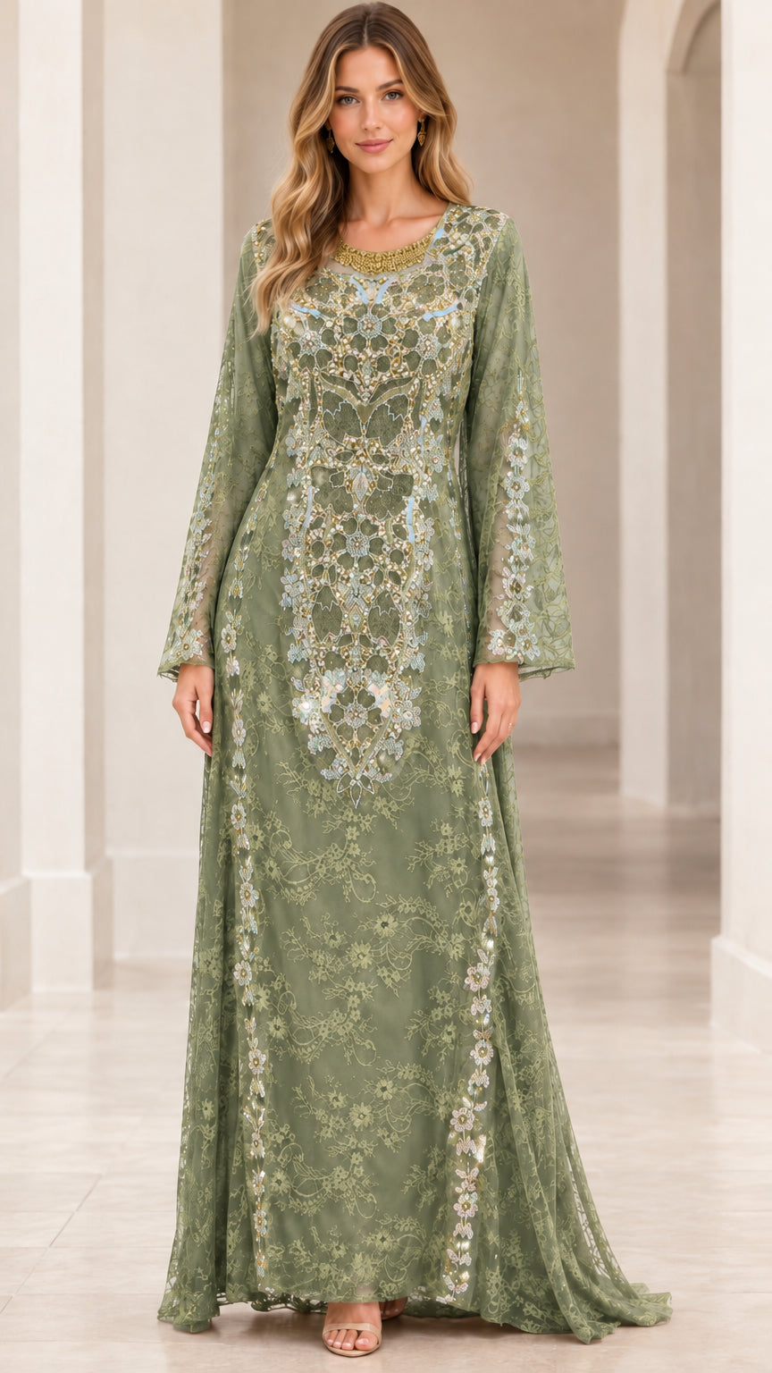 Front view of Sage Green beaded lace maxi evening gown