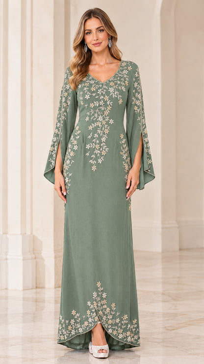 Front view of model wearing Sage Green floral embellished maxi evening gown