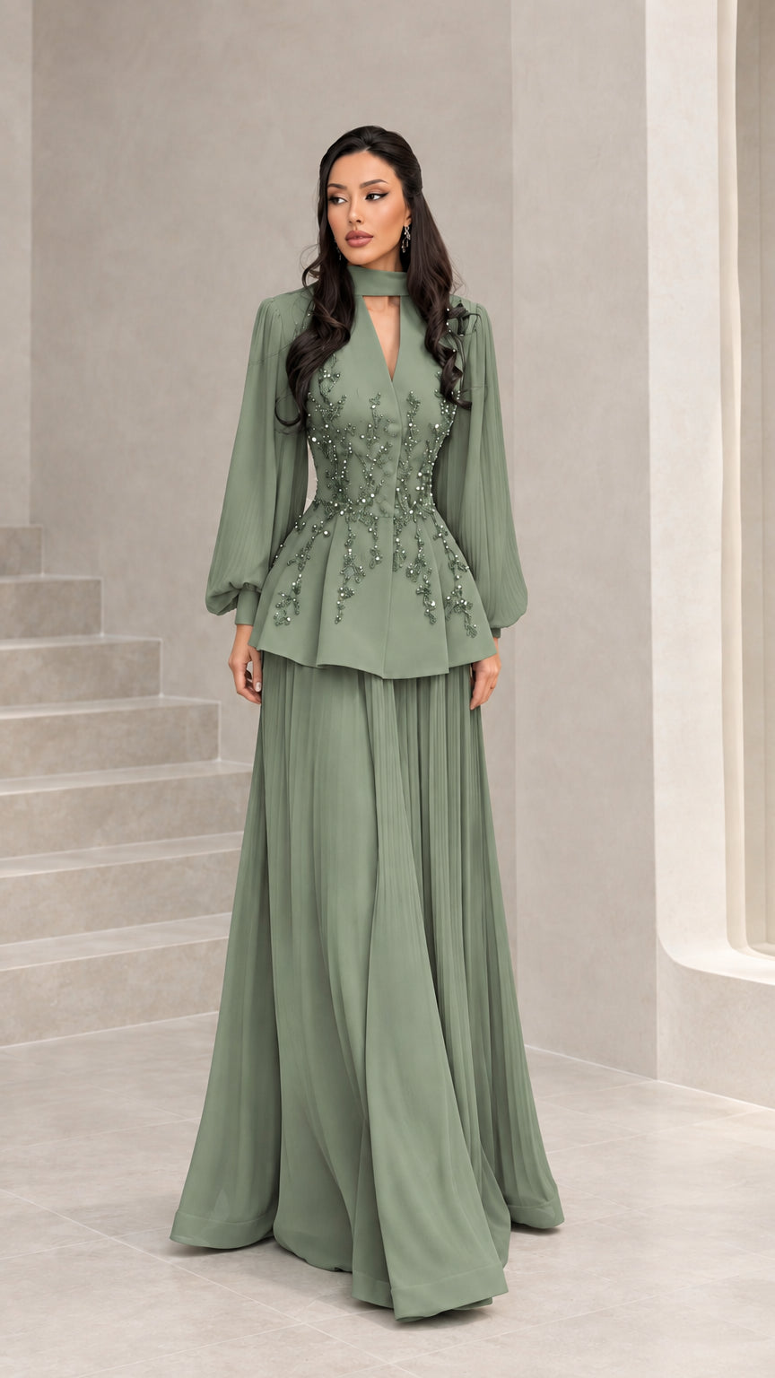 Front view of sage green long-sleeve beaded peplum evening gown