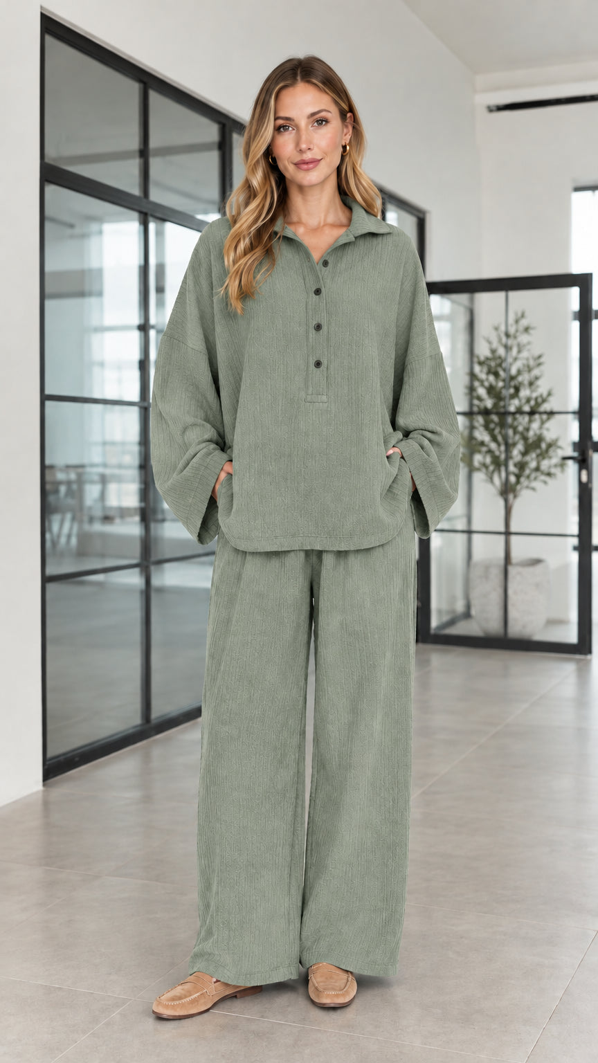 Women's sage green crinkle fabric henley pullover and matching wide-leg trousers