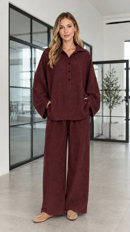 Women's burgundy wine textured button-front tunic top and wide-leg pants set