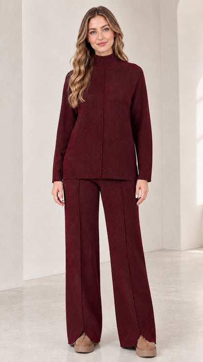 Front view of model wearing Burgundy wine red mock neck two-piece knit lounge set