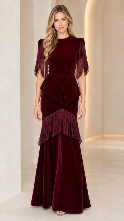 Burgundy wine red velvet fringe peplum evening gown full-length view
