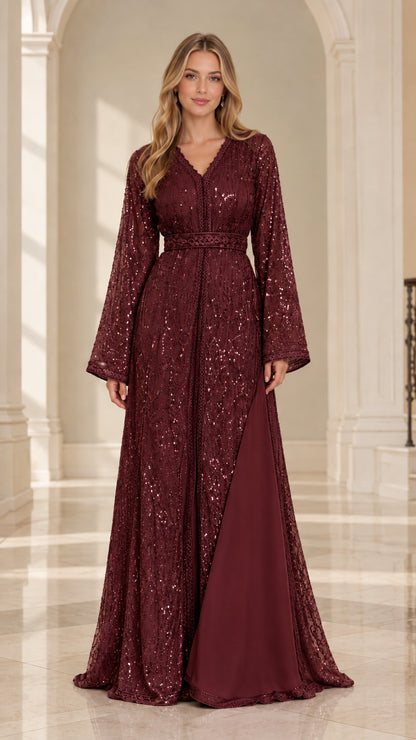 Front full-length view of Burgundy sequined embroidered kaftan maxi dress