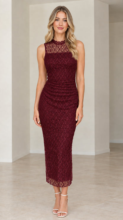 Model wearing burgundy red lace mock neck ruched evening midi dress