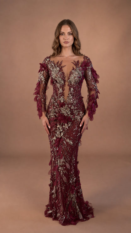 Front view of model in Burgundy wine red 3D petal embellished evening dress