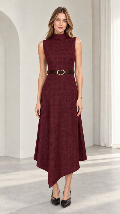 Model wearing burgundy wine sleeveless mock neck asymmetrical midi dress