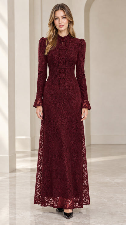 Full-length front view of Burgundy wine lace long-sleeve evening dress