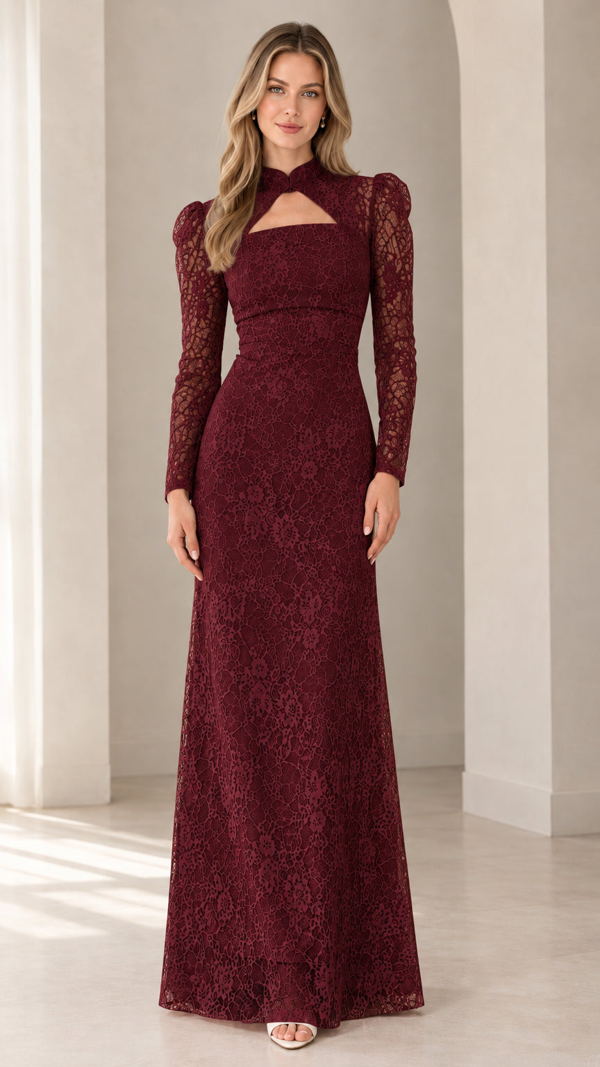 Full front view of Burgundy red floral lace long sleeve formal gown