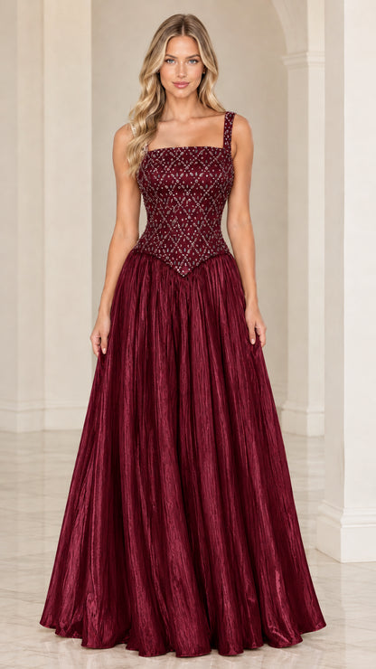 Burgundy formal basque waist pleated ball gown