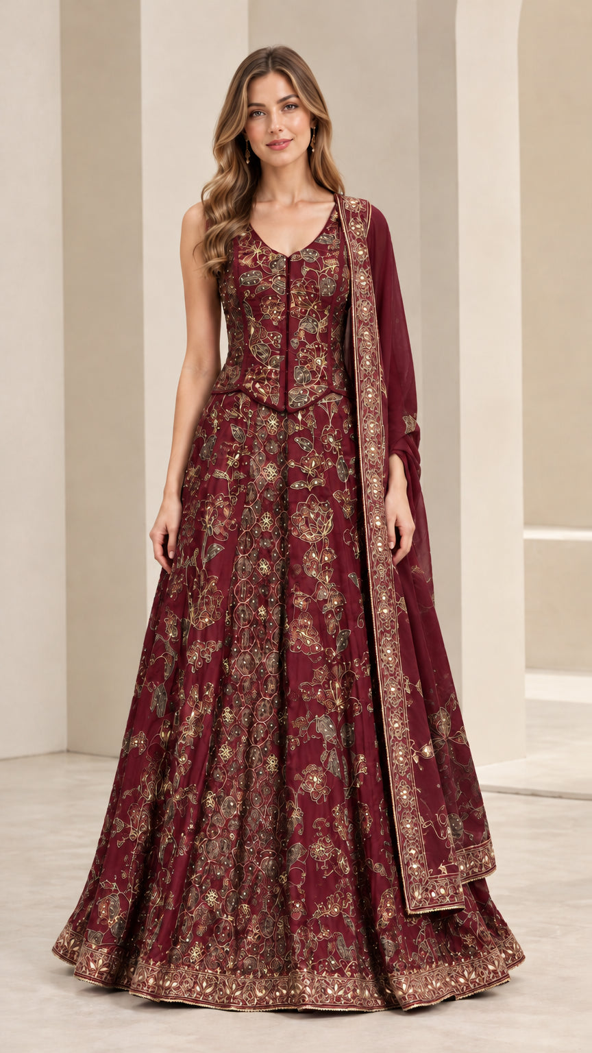 Front view of maroon wine embroidered corset lehenga set with matching drape