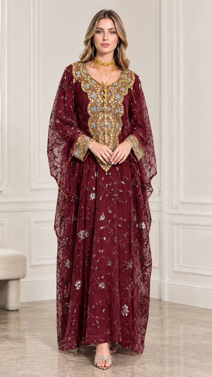 Burgundy red formal kaftan maxi dress with sparkling gold neckline