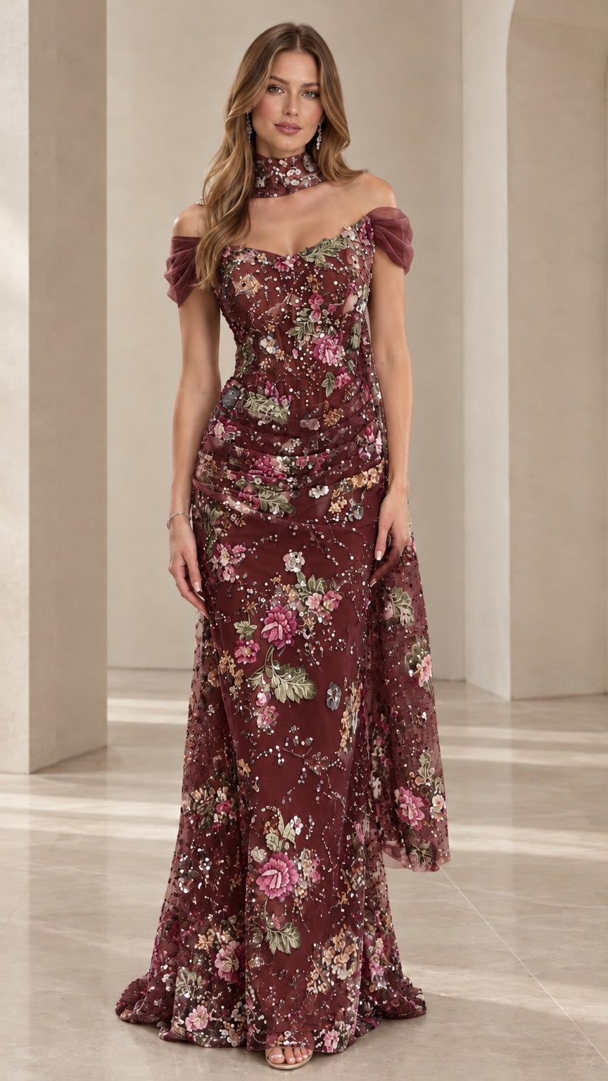 Front view of model wearing Burgundy floral embroidered beaded formal gown