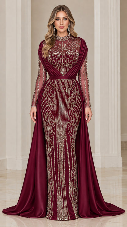 Burgundy wine formal gown with shimmering beadwork and dramatic satin train