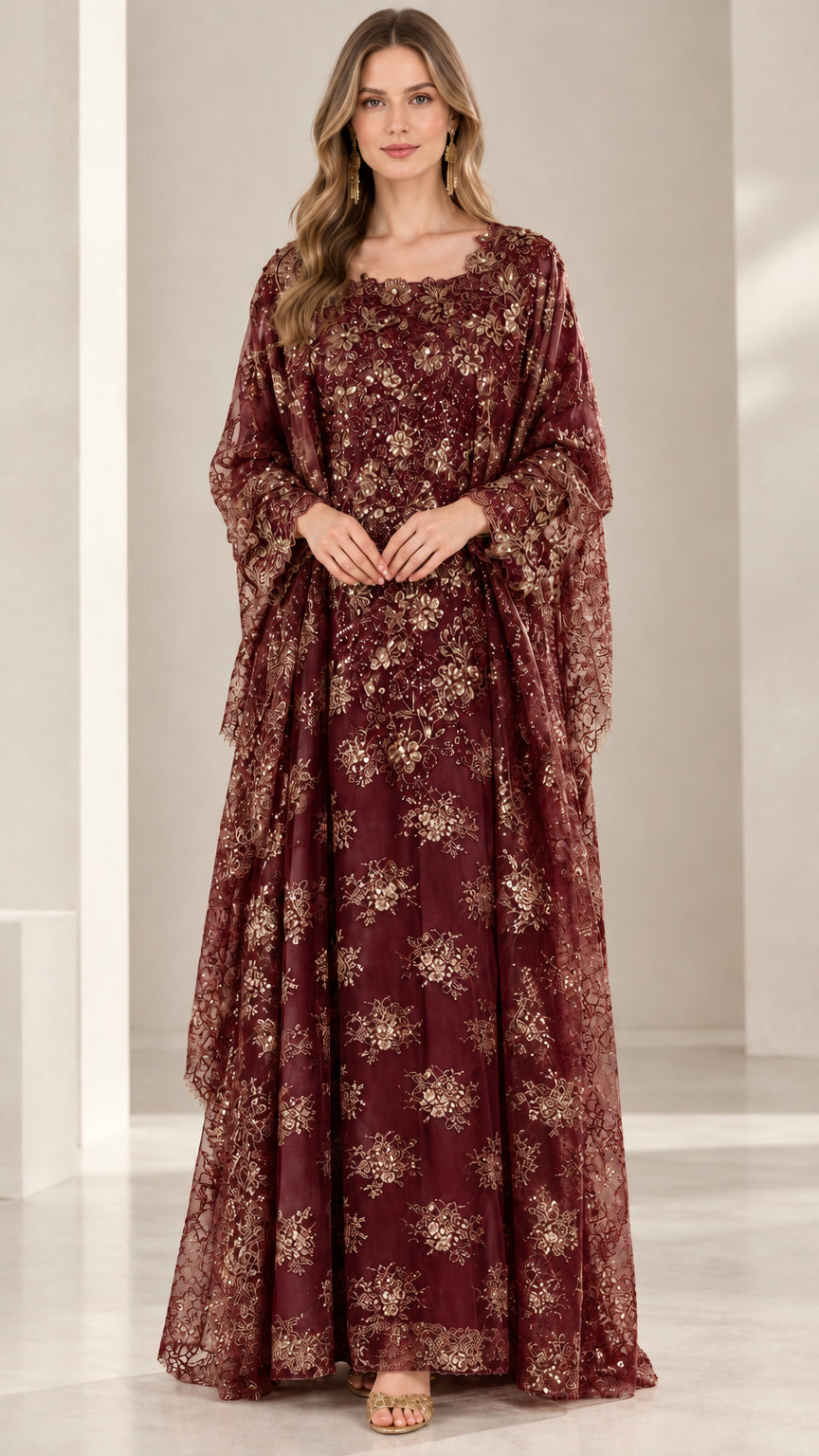 Front view of burgundy red sequin embroidered evening gown with cape sleeves