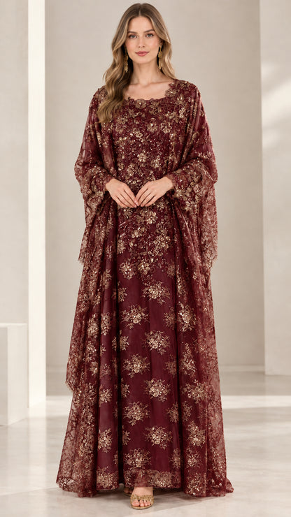 Front view of burgundy red sequin embroidered evening gown with cape sleeves