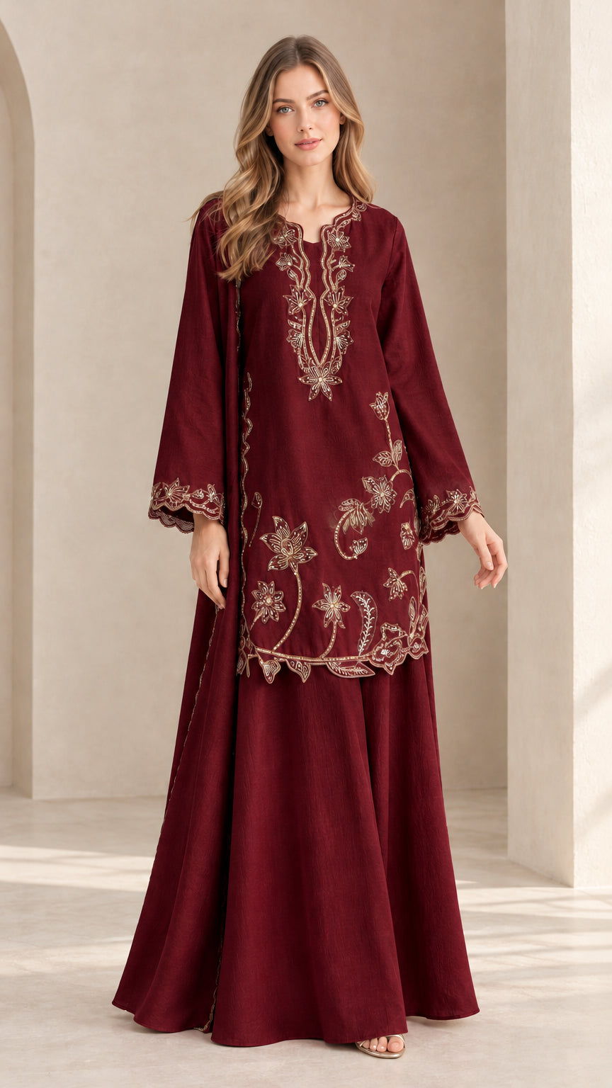 Full front view of model in burgundy wine embroidered tunic and maxi skirt set