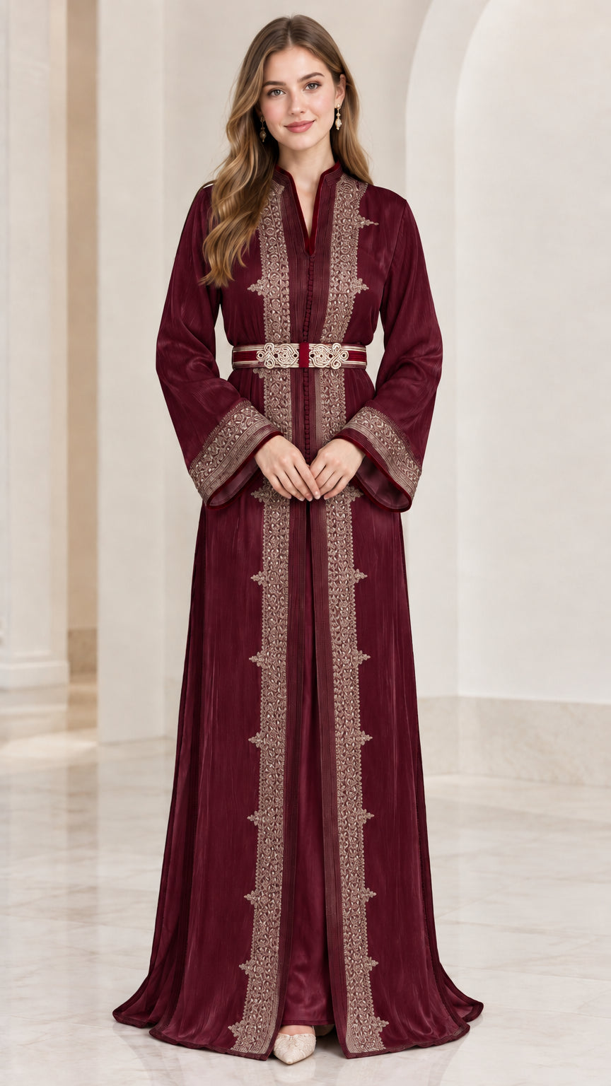Front view of burgundy red embroidered Moroccan kaftan maxi dress with belt