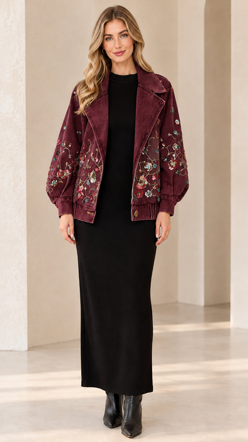 Front view of model wearing Burgundy floral embroidered denim jacket