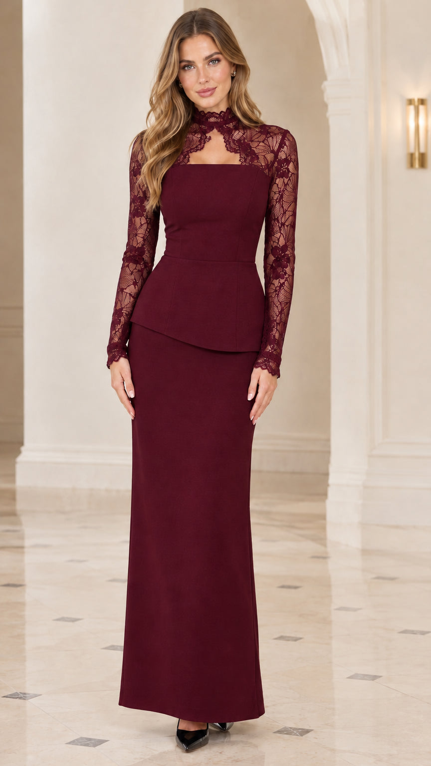 Burgundy wine long sleeve lace mock neck formal maxi dress