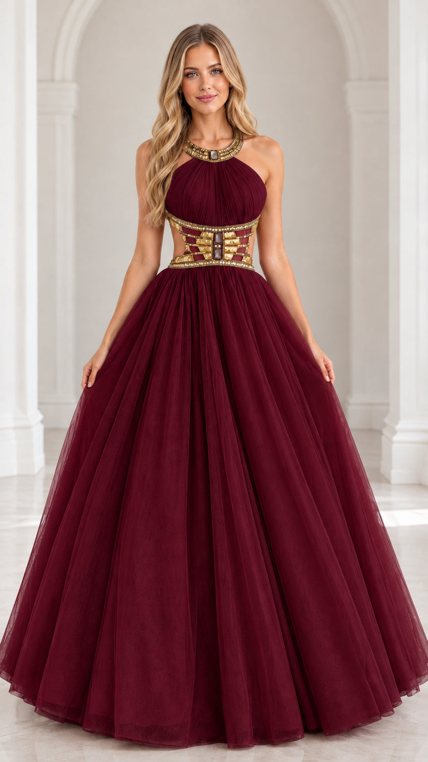 Burgundy wine halter neck beaded cutout tulle ball gown