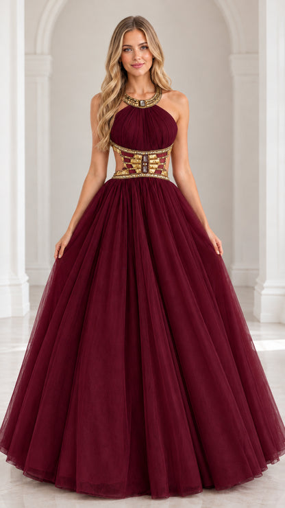 Burgundy wine halter neck beaded cutout tulle ball gown