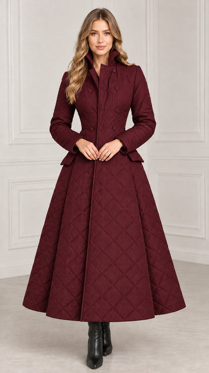 Model wearing burgundy diamond quilted long winter coat