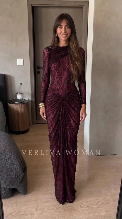 Full length deep burgundy wine ruched sheer lace floor-length dress