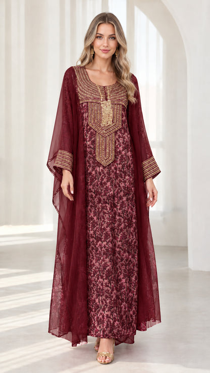 Burgundy embroidered cape maxi kaftan dress front view