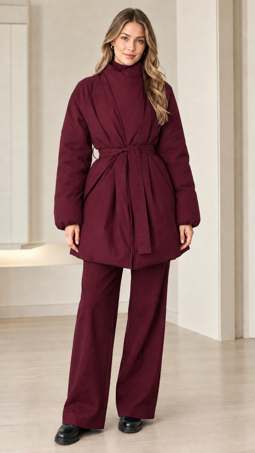 Model wearing burgundy belted quilted coat paired with matching trousers