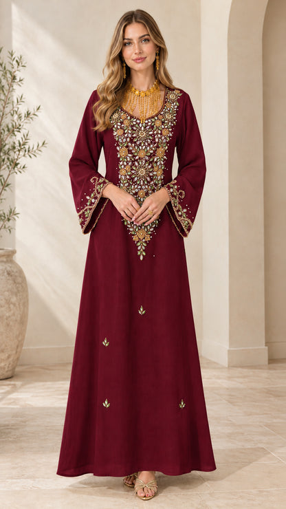 Front full view of woman wearing Burgundy embroidered evening kaftan dress