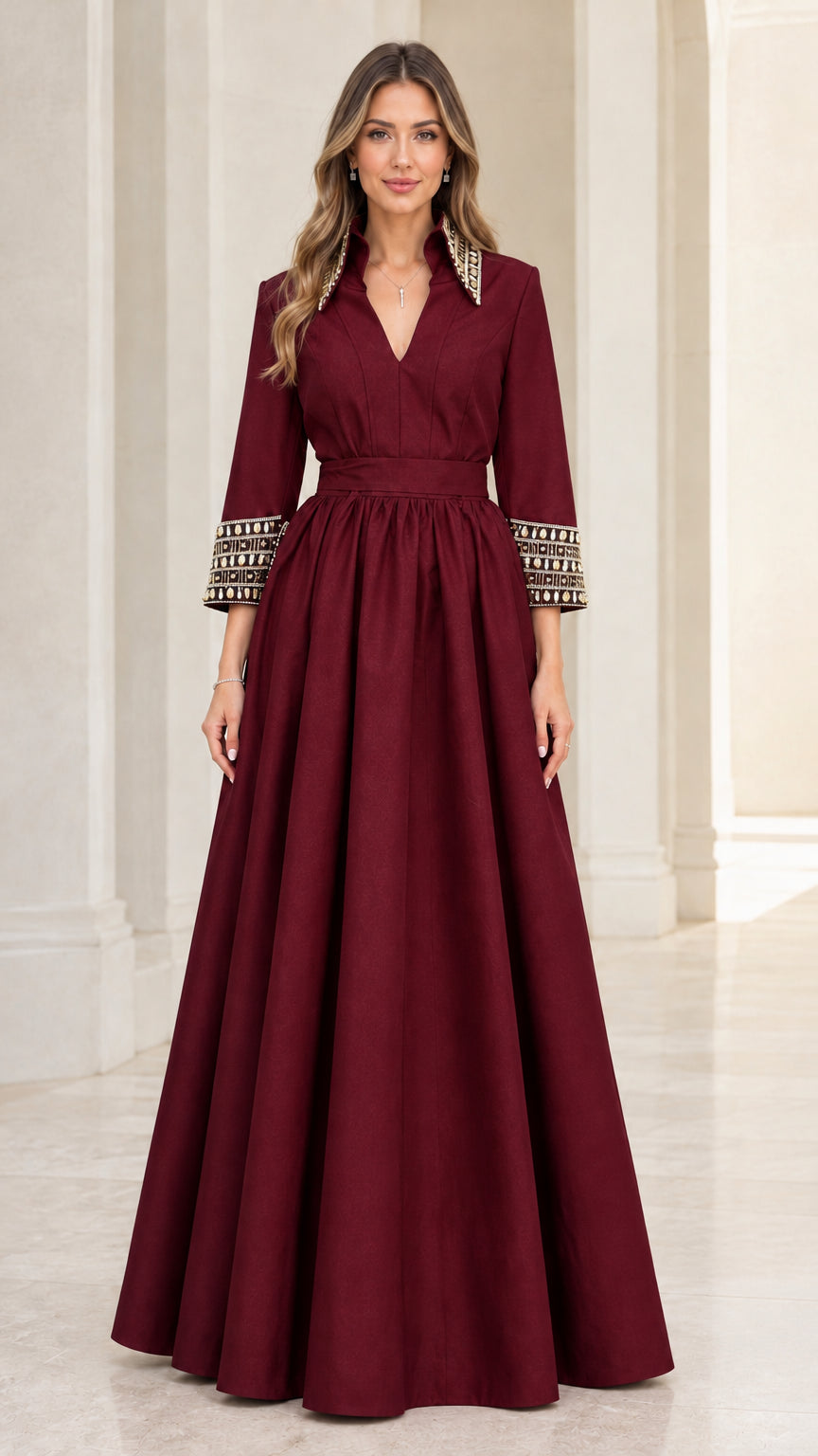 Front view of model wearing burgundy wine red long sleeve formal evening dress