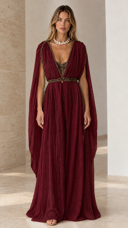 Burgundy draped cape sleeve maxi dress with contrast braided edging