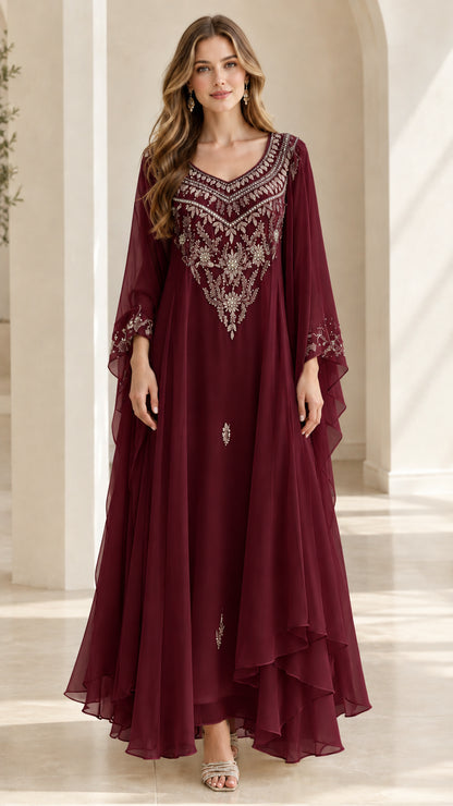 Burgundy wine embroidered chiffon evening maxi dress