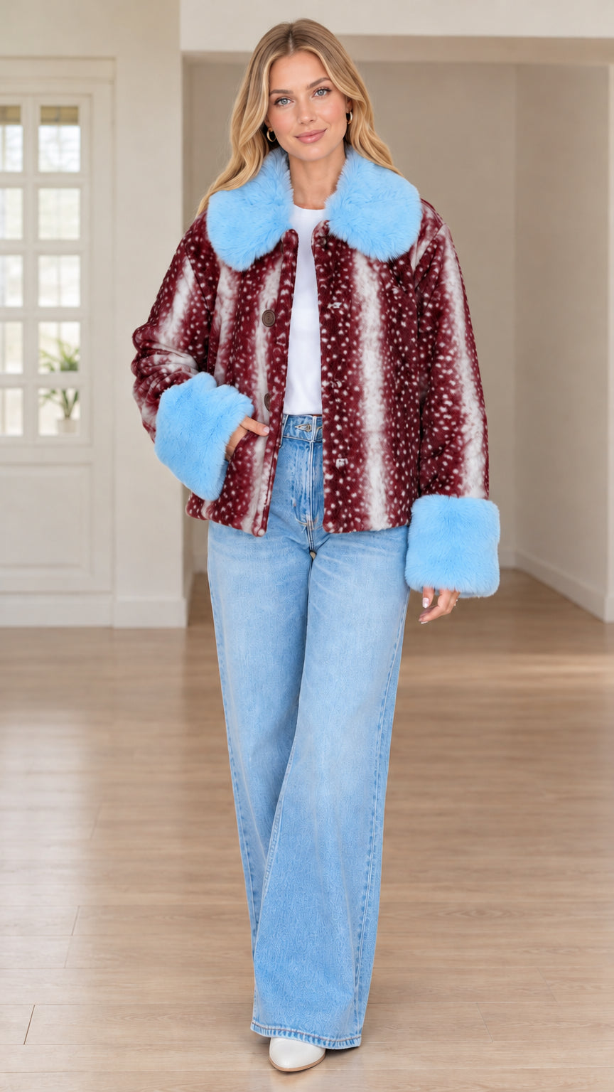 Model wearing burgundy deer print faux fur jacket with light blue collar and cuffs