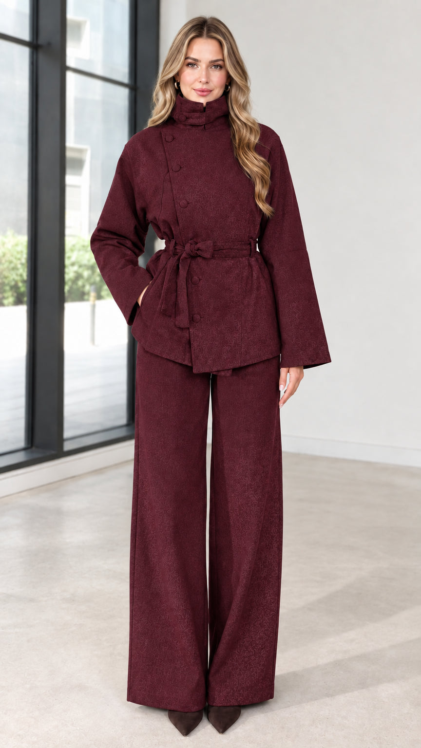 Full view of women's burgundy asymmetrical belted jacket and wide-leg pants set
