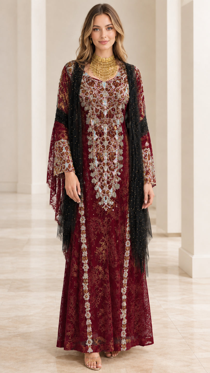 Burgundy wine red embroidered lace kaftan evening dress