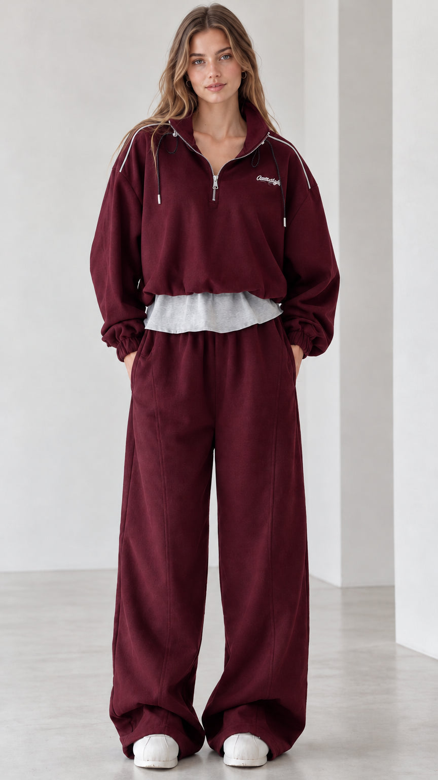 Women's burgundy wine red half-zip pullover and wide-leg track set