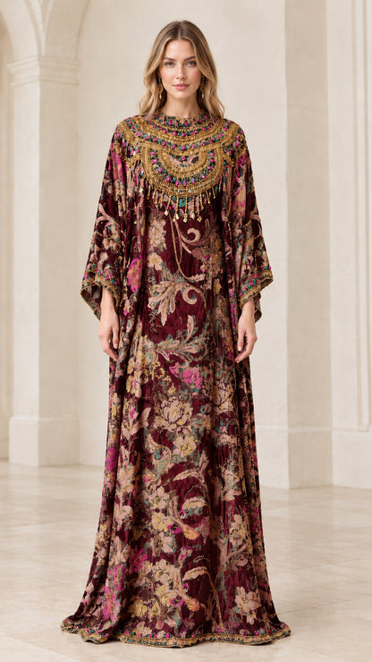 Front full-length view of model wearing the Burgundy wine floral beaded kaftan maxi dress