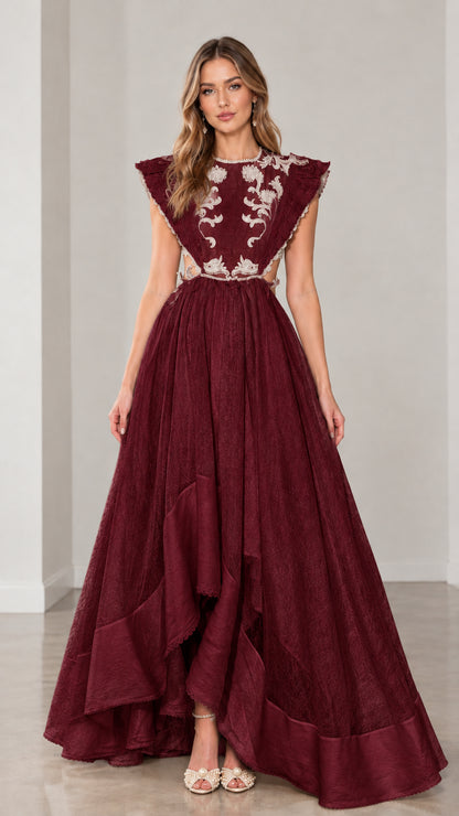 Burgundy wine red embroidered illusion bodice formal evening gown