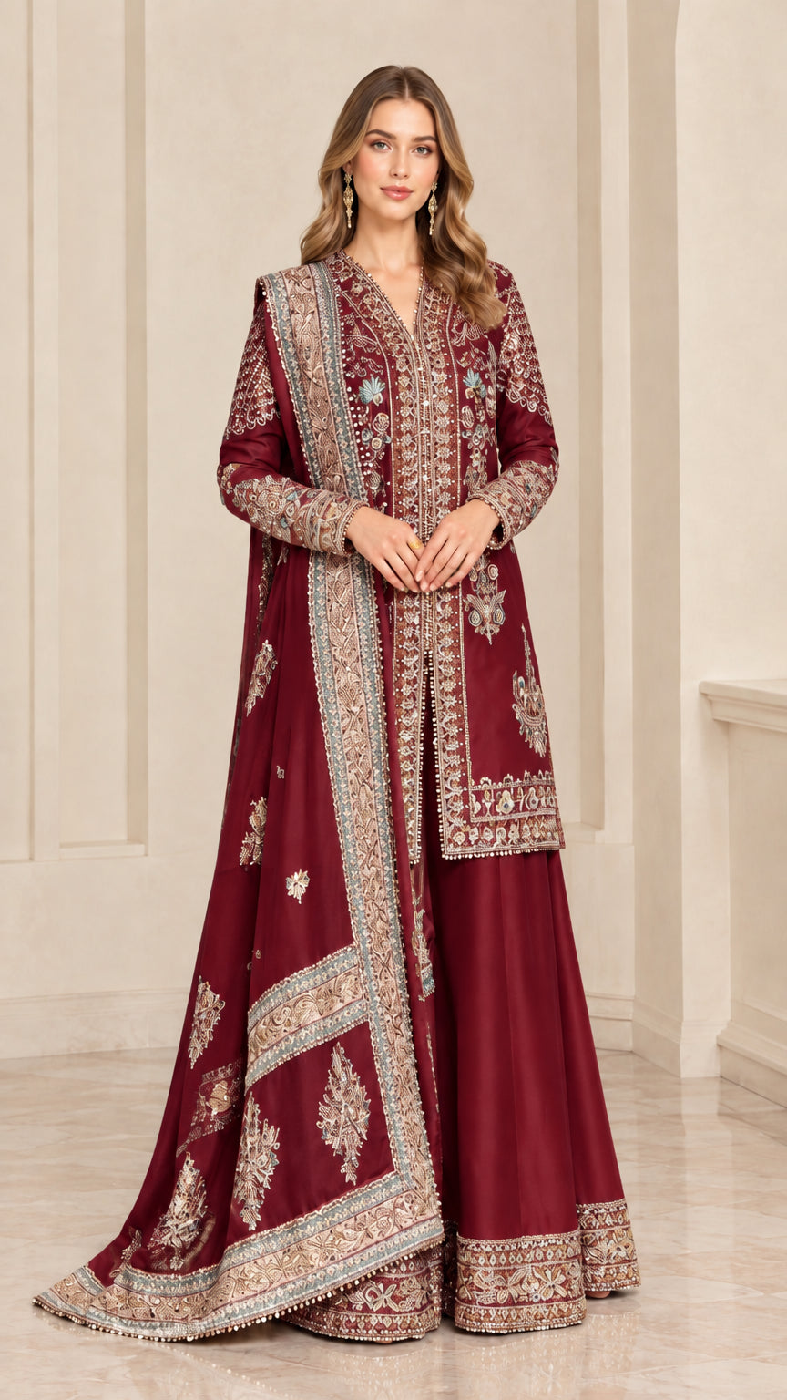 Full-length studio portrait of woman wearing Burgundy embroidered sharara suit set