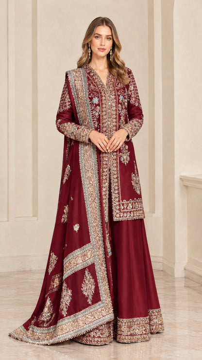 Full-length studio portrait of woman wearing Burgundy embroidered sharara suit set